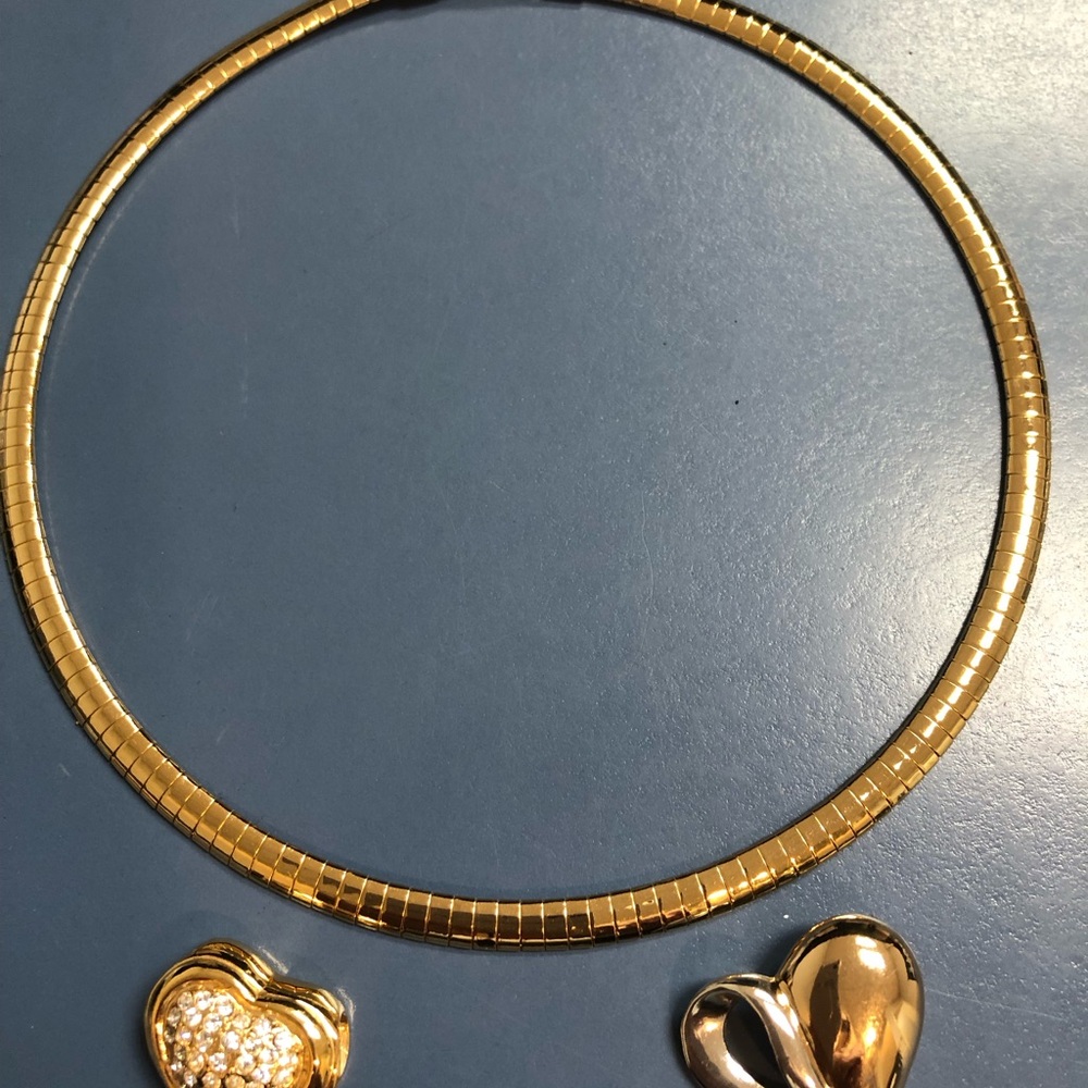 Vintage HSN 24k Gold Plated Snake Choker Puff Heart Slide Pendants Necklace